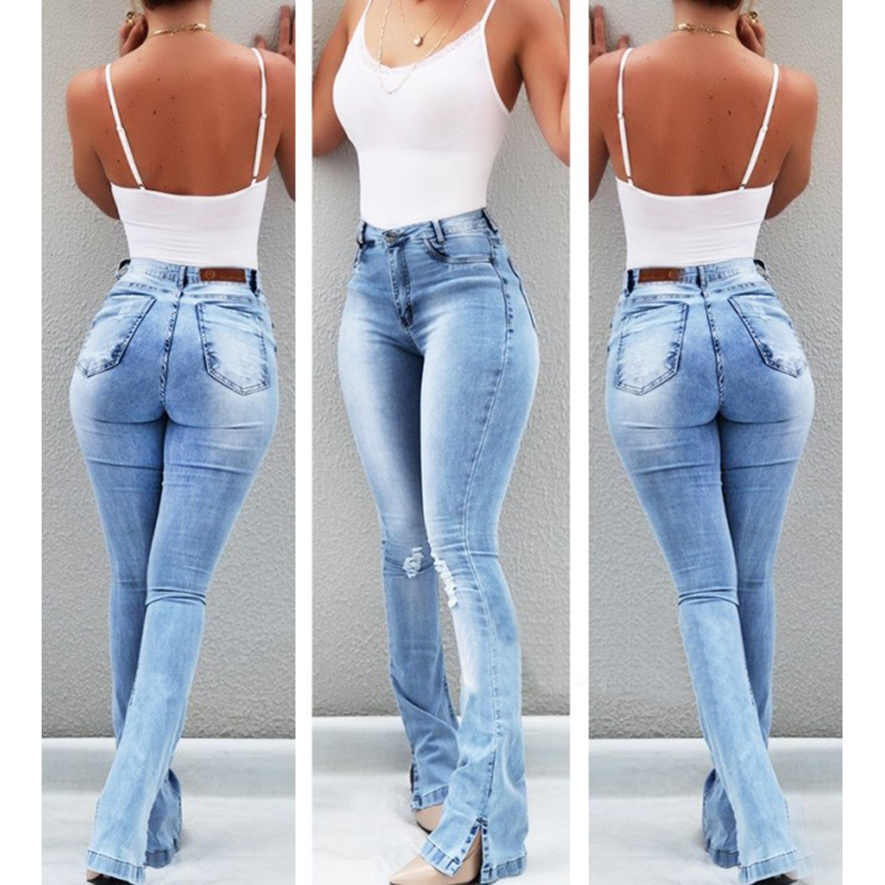 2021 High quality Gescheurd Gat Dames Hoge Taille Jeans Vintage Skinny Slanke Vrouwelijke Flare Jean Streetwear jeans
