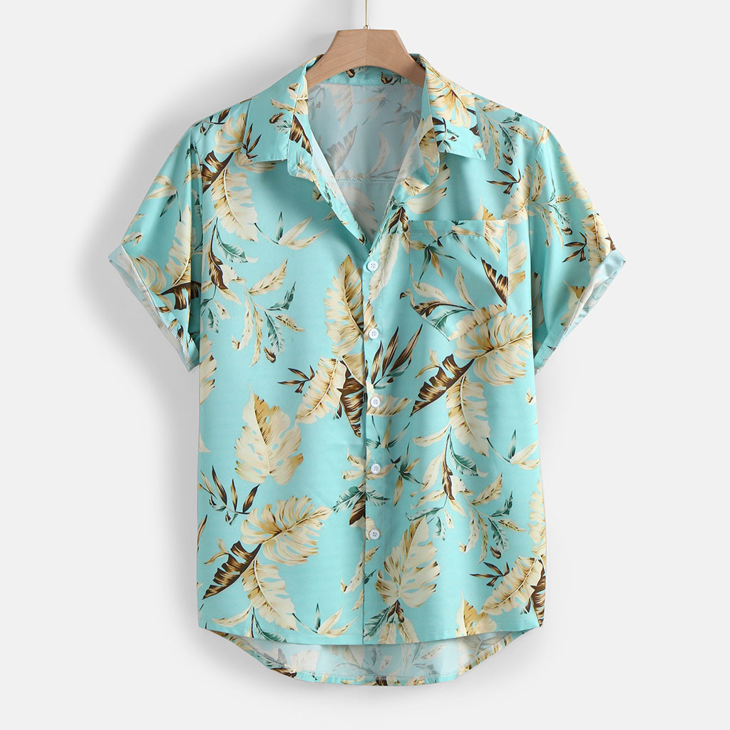 2021 High quality Summer Mens Shirts Hawaii Beach Blouse Tops Print Short Sleeve Stand Collar
