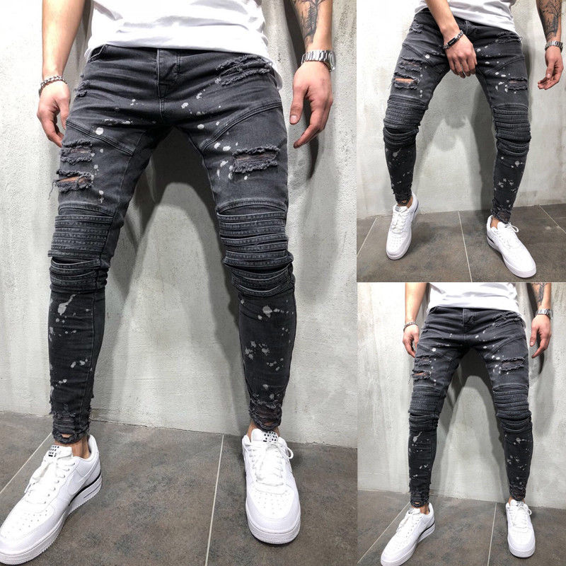 2021 High quality Men  Jeans Destroyed Frayed Slim Fit Denim Pant casual men slim hole jeans pants