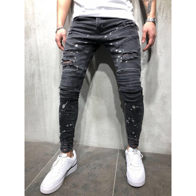 2021 High quality Men  Jeans Destroyed Frayed Slim Fit Denim Pant casual men slim hole jeans pants