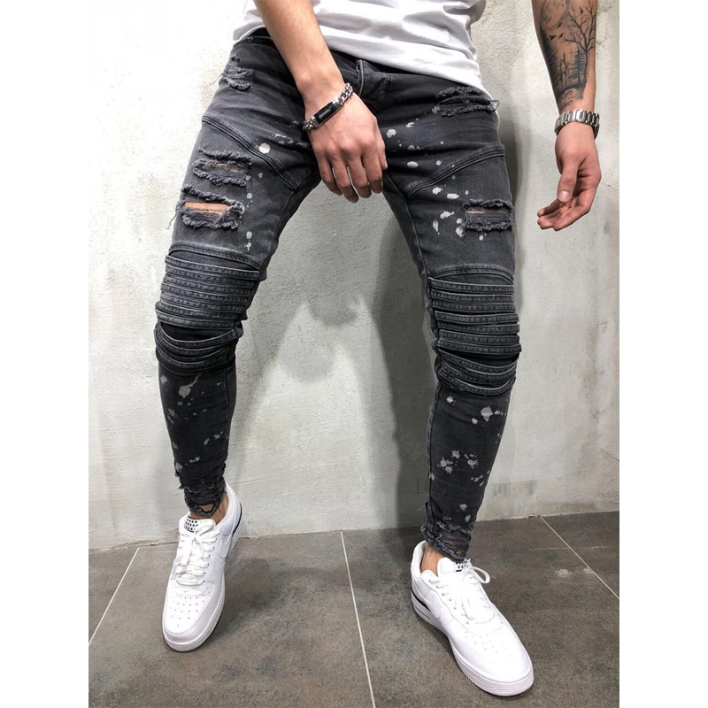 2021 High quality Men  Jeans Destroyed Frayed Slim Fit Denim Pant casual men slim hole jeans pants