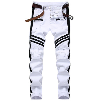 2021 High quality Men Hip-hop Stripe design Patchwork Ripped Stretch Slim Jeans trousers