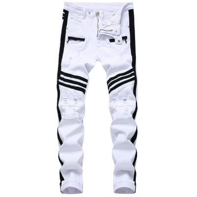 2021 High quality Men Hip-hop Stripe design Patchwork Ripped Stretch Slim Jeans trousers