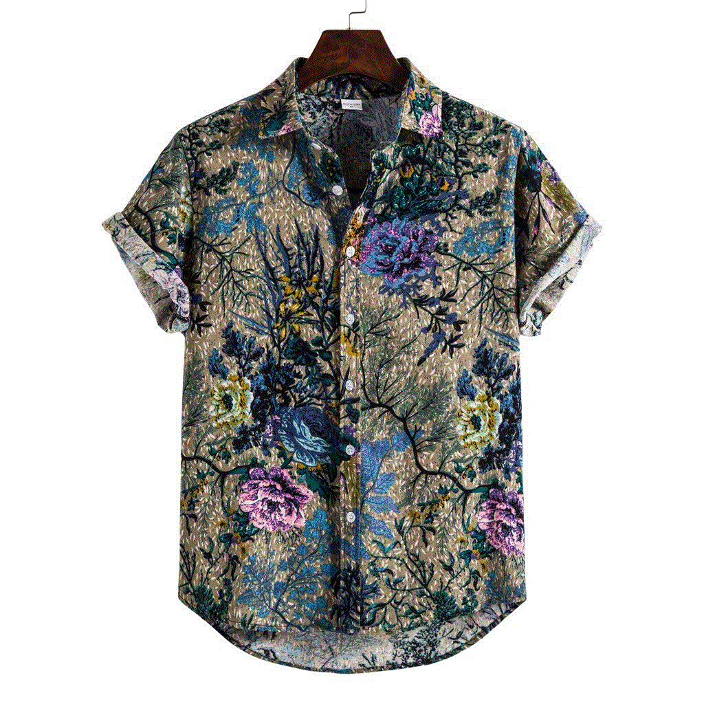 2021 High quality Casual Short Sleeve Mens Shirt Linen Hawaiian Printing shirts for men