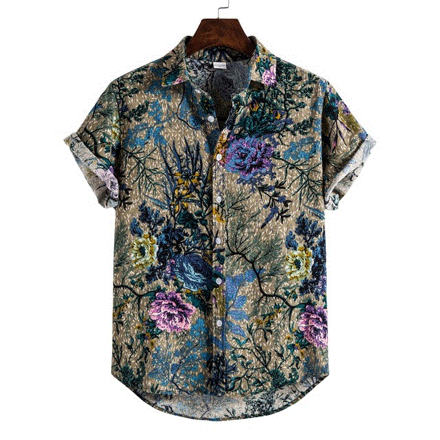 2021 High quality Casual Short Sleeve Mens Shirt Linen Hawaiian Printing shirts for men