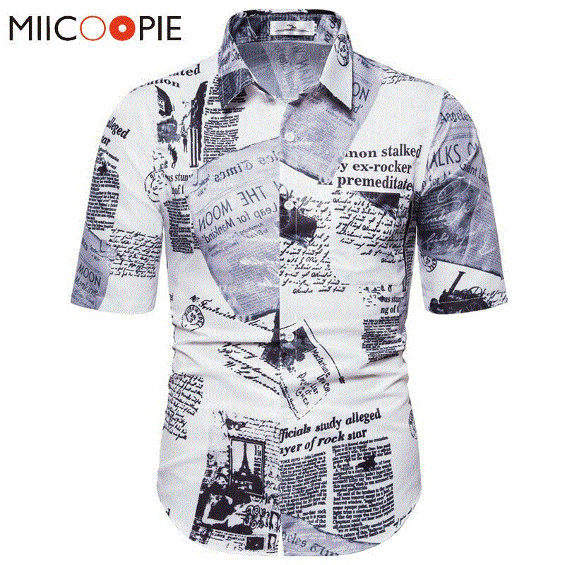 2021 High quality Vintage Shirt For Men Casual Postmark Newspaper Print Short Sleeve Hawaiian Shirts