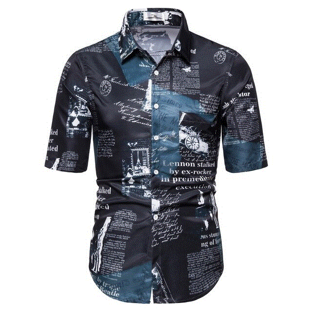 2021 High quality Vintage Shirt For Men Casual Postmark Newspaper Print Short Sleeve Hawaiian Shirts