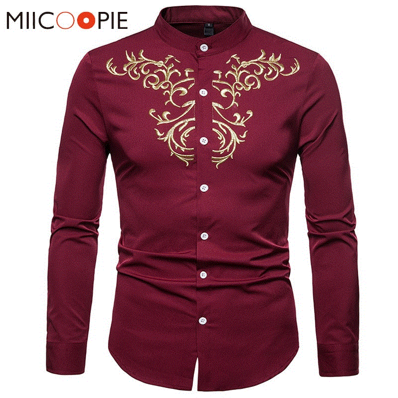 2021 High quality Men Shirts Slim Solid Royal Court Embroidery Henry Collar Long Sleeve Shirt Men
