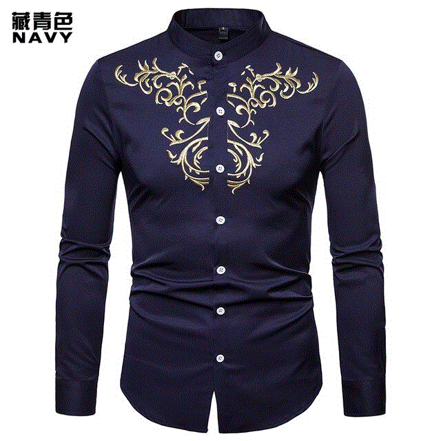 2021 High quality Men Shirts Slim Solid Royal Court Embroidery Henry Collar Long Sleeve Shirt Men