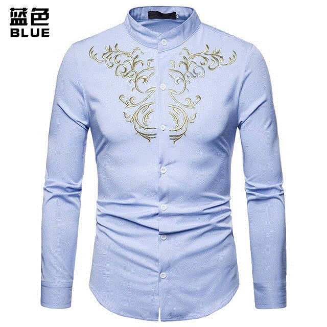 2021 High quality Men Shirts Slim Solid Royal Court Embroidery Henry Collar Long Sleeve Shirt Men