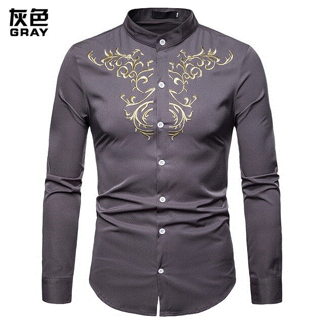 2021 High quality Men Shirts Slim Solid Royal Court Embroidery Henry Collar Long Sleeve Shirt Men