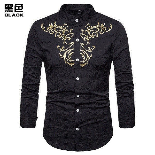 2021 High quality Men Shirts Slim Solid Royal Court Embroidery Henry Collar Long Sleeve Shirt Men