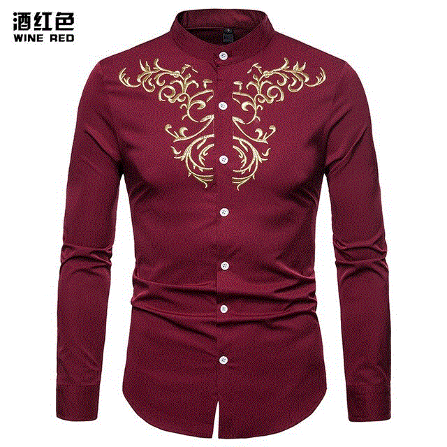 2021 High quality Men Shirts Slim Solid Royal Court Embroidery Henry Collar Long Sleeve Shirt Men