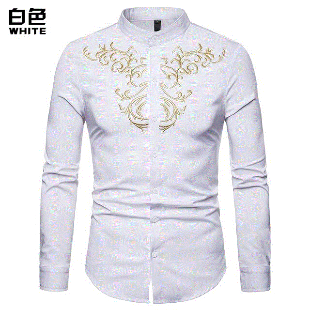 2021 High quality Men Shirts Slim Solid Royal Court Embroidery Henry Collar Long Sleeve Shirt Men