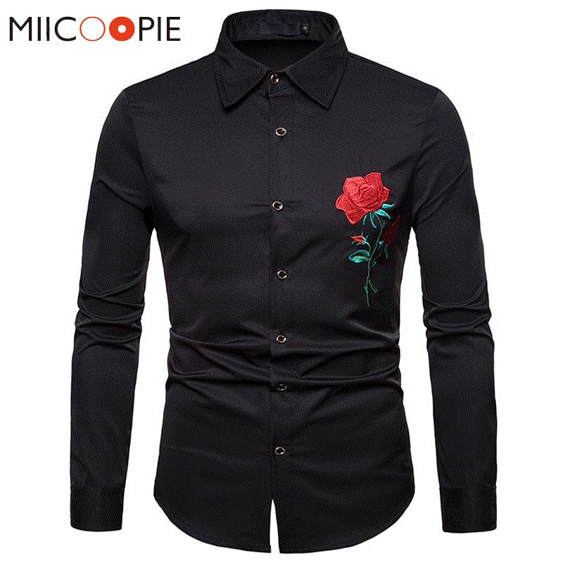 2021 High quality Floral Shirts Men New Luxury Rose Embroidery Dress Shirt Long Sleeve Chemise