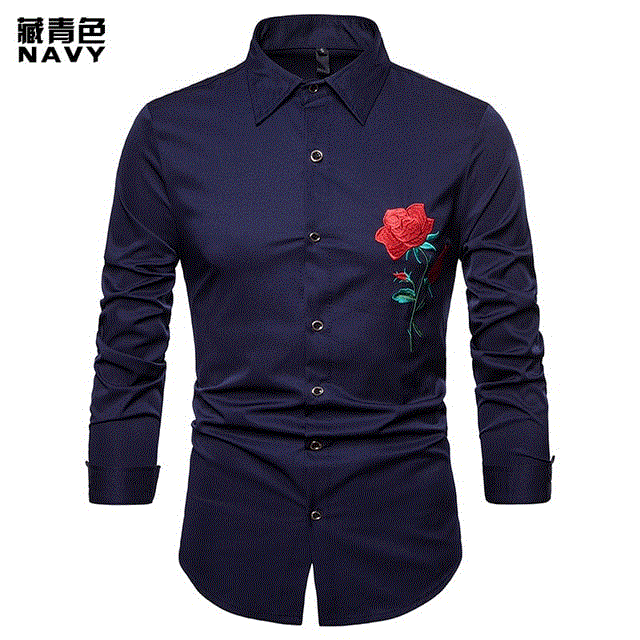 2021 High quality Floral Shirts Men New Luxury Rose Embroidery Dress Shirt Long Sleeve Chemise