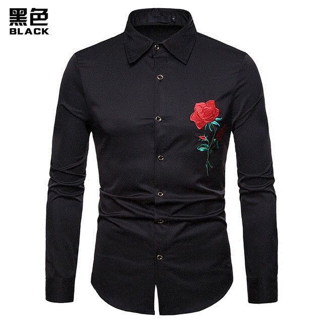 2021 High quality Floral Shirts Men New Luxury Rose Embroidery Dress Shirt Long Sleeve Chemise