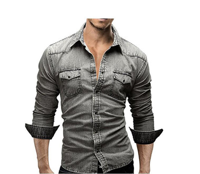 2021 High quality Fashion Long Sleeve Jeans Shirt Men Casual Pockets Slim Fit Blue Cotton Vintage Denim Shirts