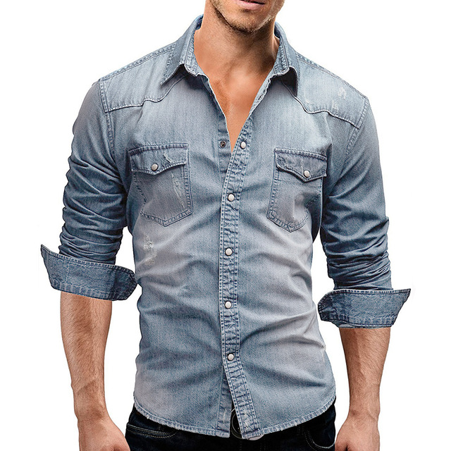 2021 High quality Fashion Long Sleeve Jeans Shirt Men Casual Pockets Slim Fit Blue Cotton Vintage Denim Shirts