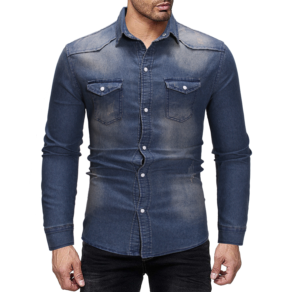 2021 High quality Fashion Long Sleeve Jeans Shirt Men Casual Pockets Slim Fit Blue Cotton Vintage Denim Shirts