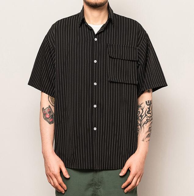 2021 High quality Summer Black And White Striped Shirt Men Vintage Streetwear Men Hip Hop Harajuku Shirt
