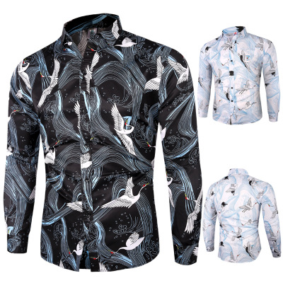 2021 High quality Spring Floral Shirt Men Japanese Style Vintage Crane Print Long Sleeve Camisa Social