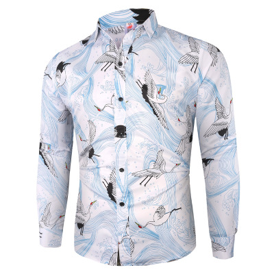 2021 High quality Spring Floral Shirt Men Japanese Style Vintage Crane Print Long Sleeve Camisa Social
