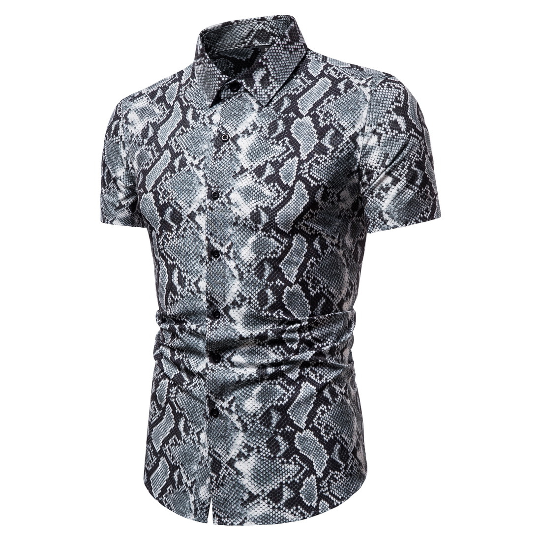 2021 High quality Men's Short Sleeve Casual Dress Shirts Fashion Snakeskin Pattern