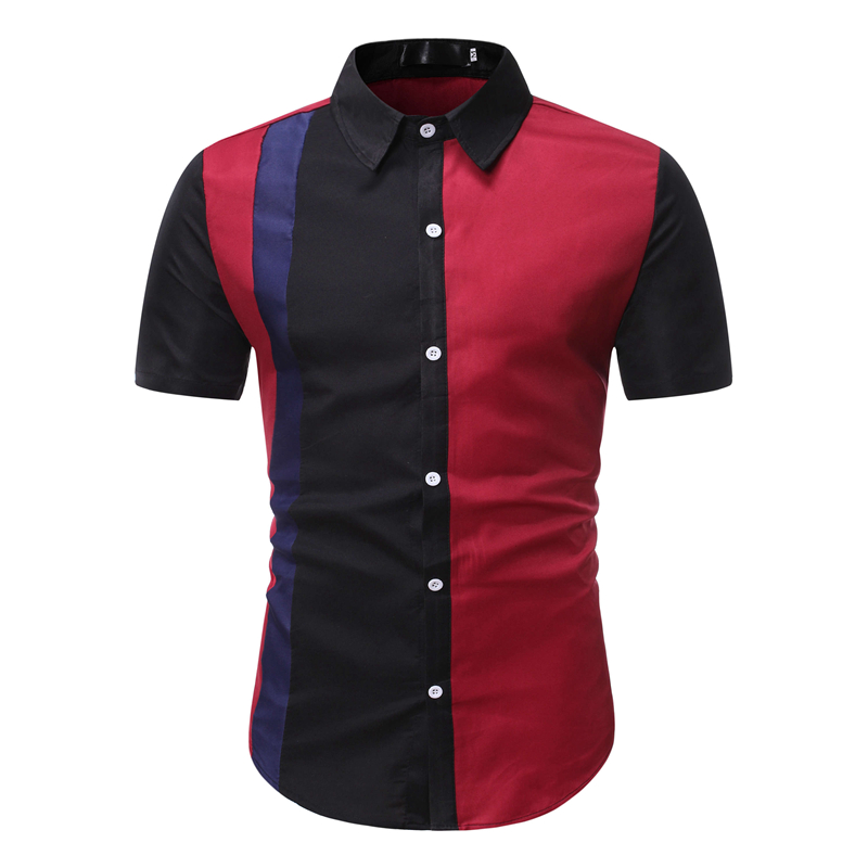 2021 High quality Vintage Mens Shirts Dress Short Sleeve Patchwork Button Down Slim Fit