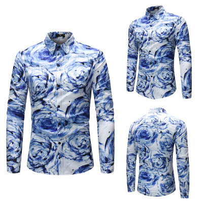 2021 High quality Casual Shirts Men Brand Slim Fit Men Geometric Pattern Printing Long Sleeve