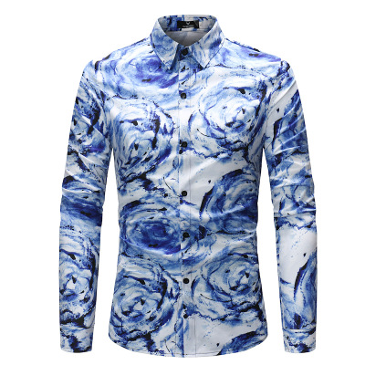 2021 High quality Casual Shirts Men Brand Slim Fit Men Geometric Pattern Printing Long Sleeve
