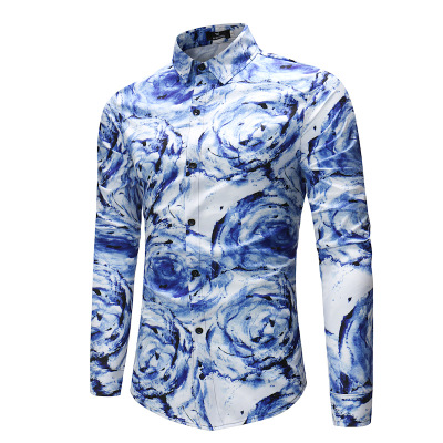 2021 High quality Casual Shirts Men Brand Slim Fit Men Geometric Pattern Printing Long Sleeve