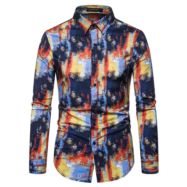 2021 High quality Casual Abstract Spider Web Print Long Sleeve Camisa Social Men Gradient Elasticity Business Shirt