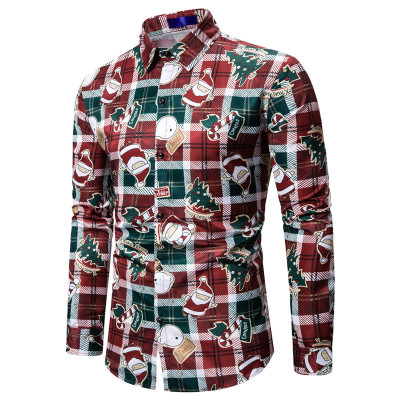 2021 High quality Red Christmas Shirt Mens Shirts Casual Slim Fit Snowman Christmas Tree Print Long Sleeve