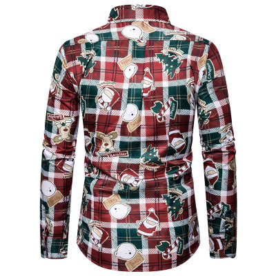 2021 High quality Red Christmas Shirt Mens Shirts Casual Slim Fit Snowman Christmas Tree Print Long Sleeve