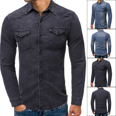 2021 High quality Mens Ripped Denim Cowboy Shirt Casual Fashion Slim Fit Long Sleeve Jeans Shirts