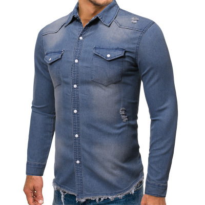 2021 High quality Mens Ripped Denim Cowboy Shirt Casual Fashion Slim Fit Long Sleeve Jeans Shirts