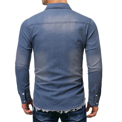 2021 High quality Mens Ripped Denim Cowboy Shirt Casual Fashion Slim Fit Long Sleeve Jeans Shirts