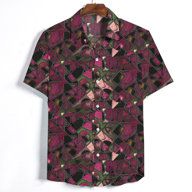 2021 High quality Camisa Masculina Social Streetwear Irregular Argyle Printed Short Sleeved Hawaiian Shirt