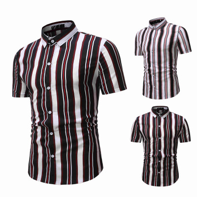 2021 High quality Multi-Vertical Striped Printed Brand Mens Shirt Short Sleeve Regular Fit Casual Hawaiian Shirts