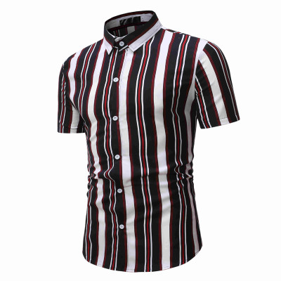 2021 High quality Multi-Vertical Striped Printed Brand Mens Shirt Short Sleeve Regular Fit Casual Hawaiian Shirts