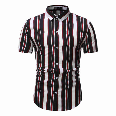 2021 High quality Multi-Vertical Striped Printed Brand Mens Shirt Short Sleeve Regular Fit Casual Hawaiian Shirts