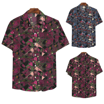 2021 High quality Camisa Masculina Social Streetwear Irregular Argyle Printed Short Sleeved Hawaiian Shirt