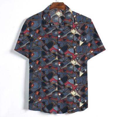 2021 High quality Camisa Masculina Social Streetwear Irregular Argyle Printed Short Sleeved Hawaiian Shirt