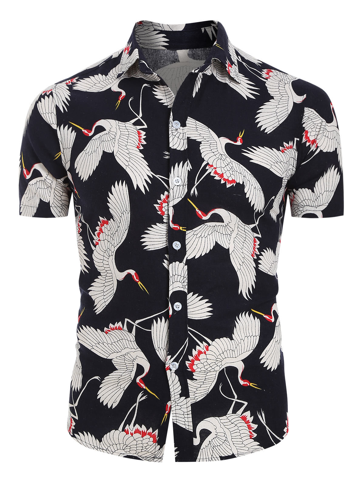 2021 High quality Summer Linen Shirt Men Summer Chinese Style Crane Print Turndown Collar Short Sleeve