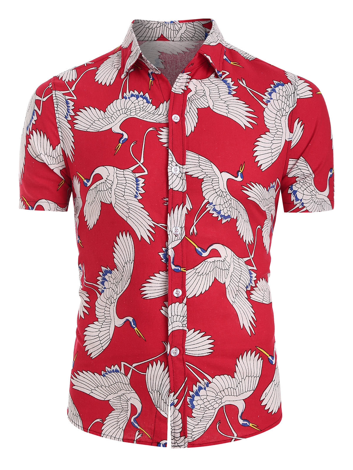 2021 High quality Summer Linen Shirt Men Summer Chinese Style Crane Print Turndown Collar Short Sleeve