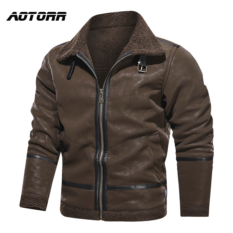 2021 High quality Winter Warm Leather Jackets Thick Fleece Men's Coats Casual Cotton Fur Collar  PU Jacket