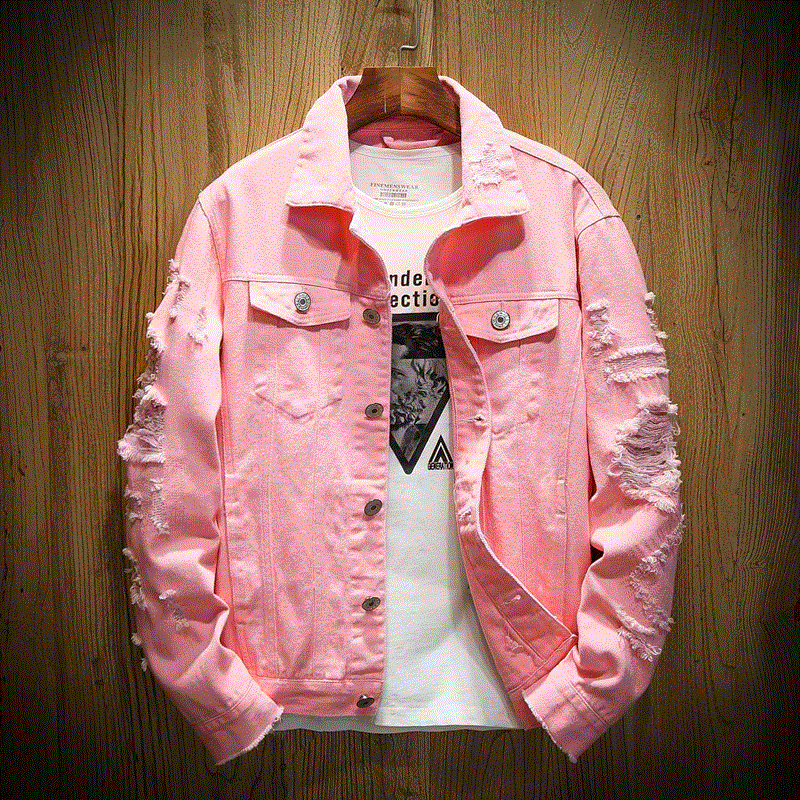 2021 High quality Autumn New Men's Jean Jacket Slim Fit Cotton Denim Jacket Red White Black Ripped Hole Jean Coats