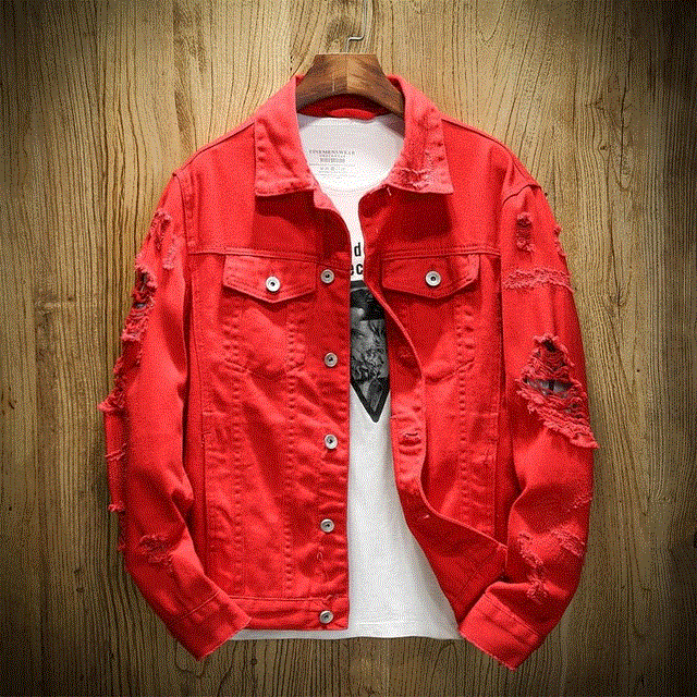 2021 High quality Autumn New Men's Jean Jacket Slim Fit Cotton Denim Jacket Red White Black Ripped Hole Jean Coats