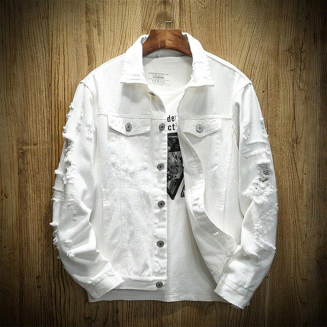 2021 High quality Autumn New Men's Jean Jacket Slim Fit Cotton Denim Jacket Red White Black Ripped Hole Jean Coats